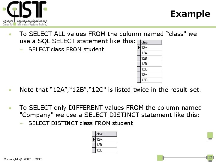 Example • To SELECT ALL values FROM the column named “class" we use a