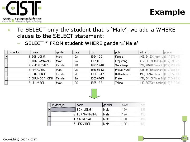 Example • To SELECT only the student that is ‘Male’, we add a WHERE