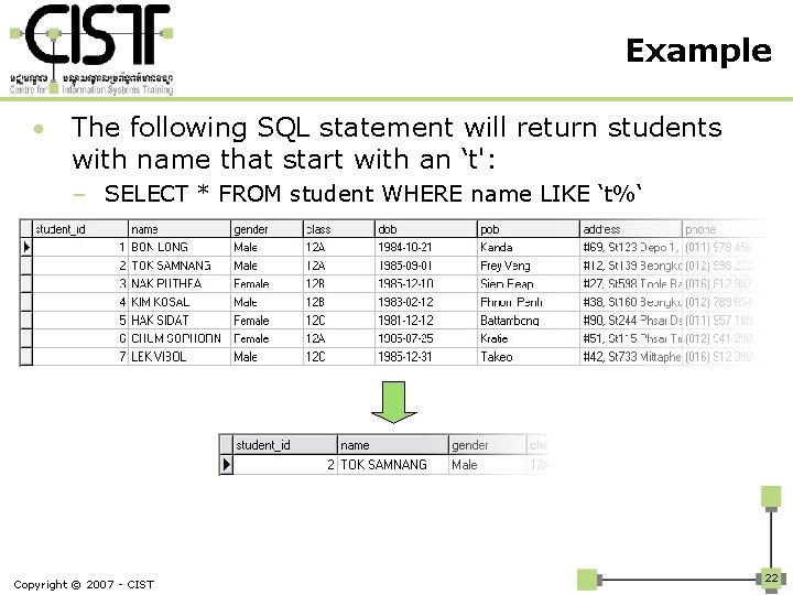 Example • The following SQL statement will return students with name that start with