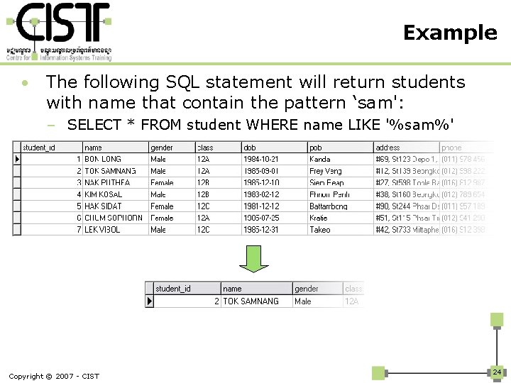 Example • The following SQL statement will return students with name that contain the