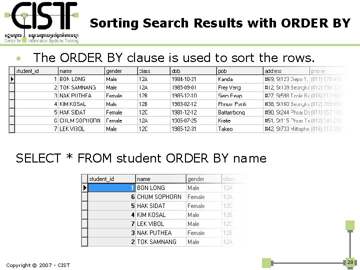 Sorting Search Results with ORDER BY • The ORDER BY clause is used to