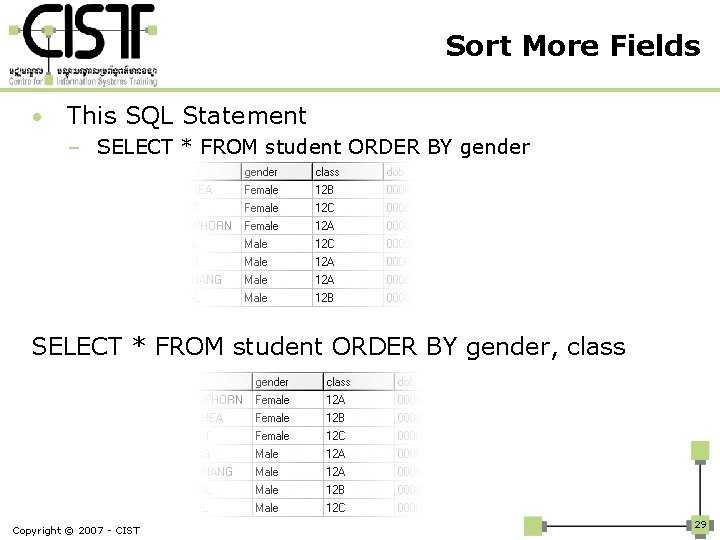 Sort More Fields • This SQL Statement – SELECT * FROM student ORDER BY