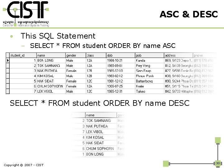 ASC & DESC • This SQL Statement – SELECT * FROM student ORDER BY
