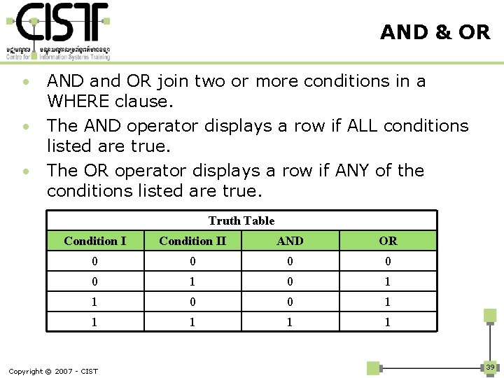 AND & OR • • • AND and OR join two or more conditions