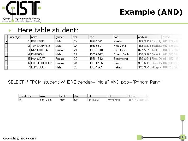 Example (AND) • Here table student: SELECT * FROM student WHERE gender=“Male” AND pob=“Phnom