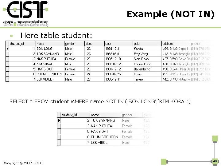 Example (NOT IN) • Here table student: SELECT * FROM student WHERE name NOT