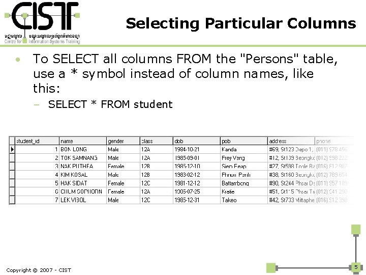 Selecting Particular Columns • To SELECT all columns FROM the "Persons" table, use a