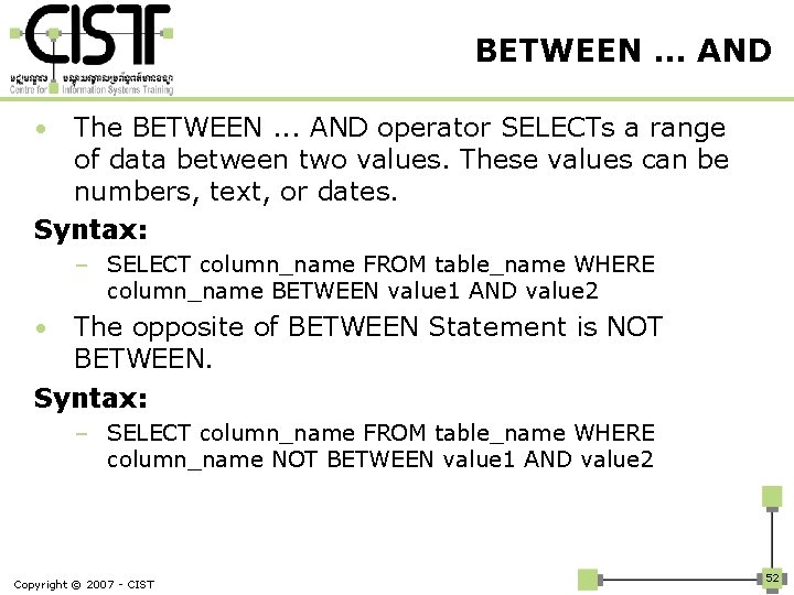 BETWEEN. . . AND The BETWEEN. . . AND operator SELECTs a range of