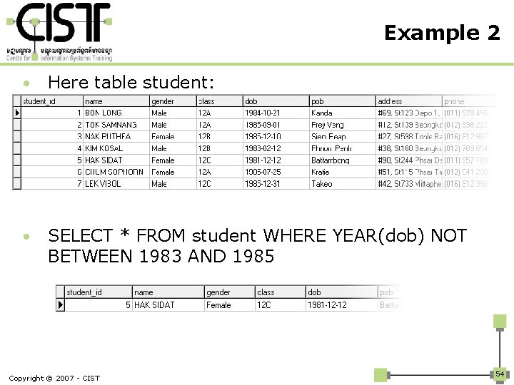 Example 2 • Here table student: • SELECT * FROM student WHERE YEAR(dob) NOT