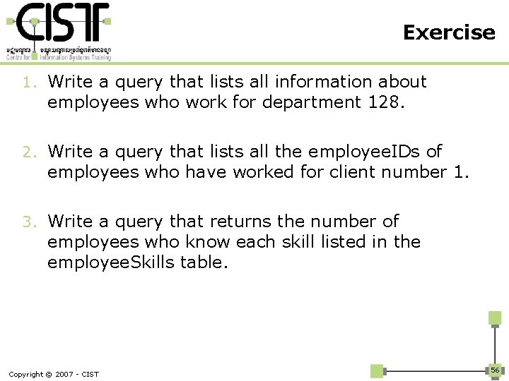 Exercise 1. Write a query that lists all information about employees who work for