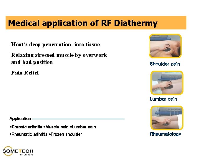 Medical application of RF Diathermy Heat’s deep penetration into tissue Relaxing stressed muscle by
