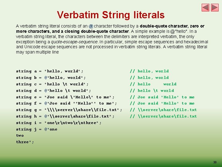 Verbatim String literals A verbatim string literal consists of an @ character followed by