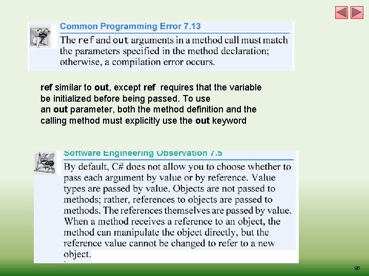 ref similar to out, except ref requires that the variable be initialized before being