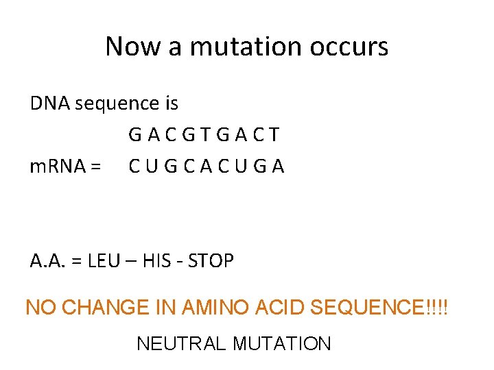 Now a mutation occurs DNA sequence is GACGTGACT m. RNA = C U G