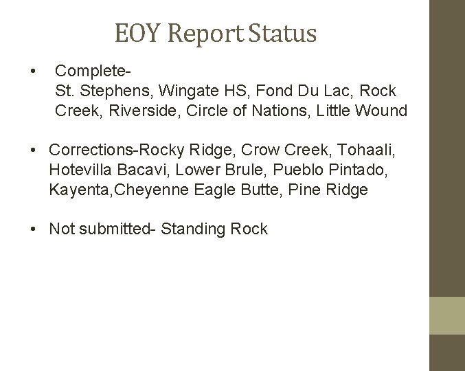 EOY Report Status • Complete. Stephens, Wingate HS, Fond Du Lac, Rock Creek, Riverside,