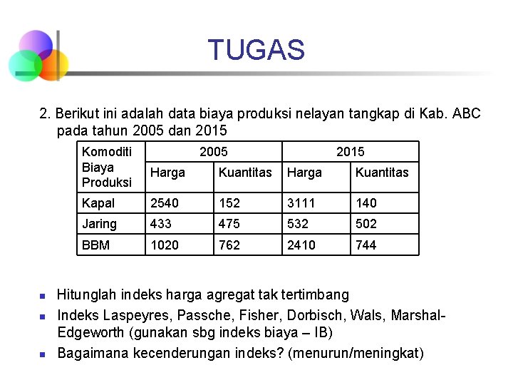 TUGAS 2. Berikut ini adalah data biaya produksi nelayan tangkap di Kab. ABC pada