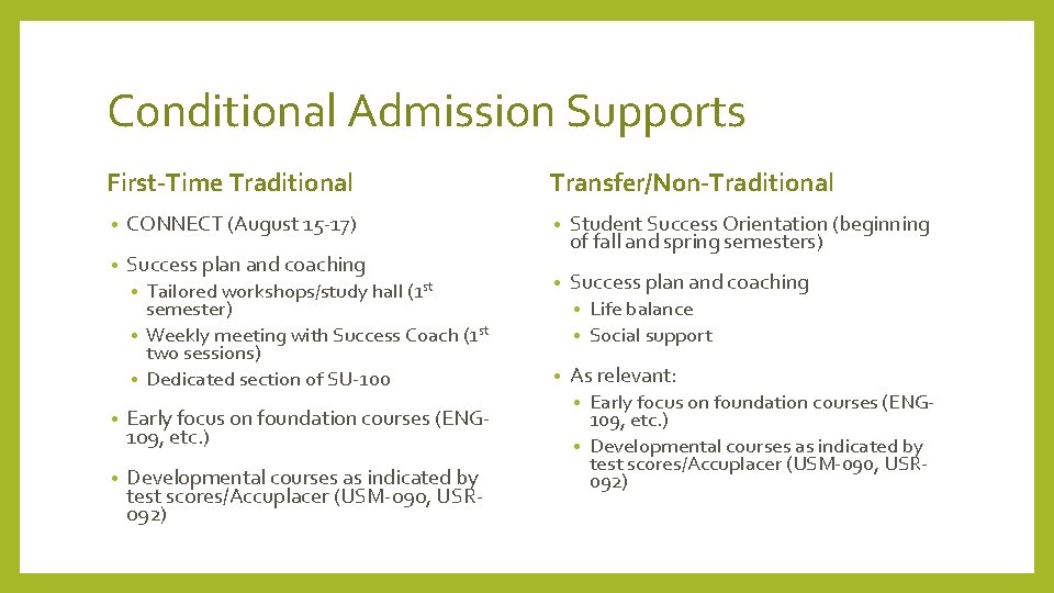 Conditional Admission Supports First-Time Traditional • CONNECT (August 15 -17) • Success plan and