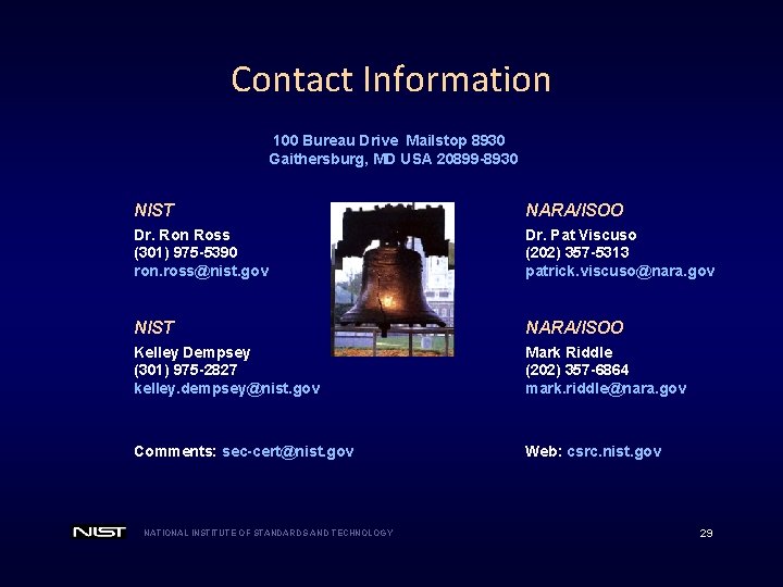 Contact Information 100 Bureau Drive Mailstop 8930 Gaithersburg, MD USA 20899 -8930 NIST NARA/ISOO