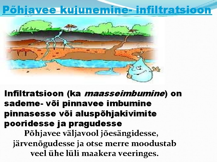 Põhjavee kujunemine- infiltratsioon Infiltratsioon (ka maasseimbumine) on sademe- või pinnavee imbumine pinnasesse või aluspõhjakivimite