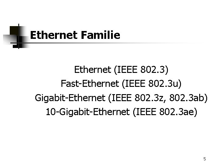 Ethernet Familie Ethernet (IEEE 802. 3) Fast-Ethernet (IEEE 802. 3 u) Gigabit-Ethernet (IEEE 802.