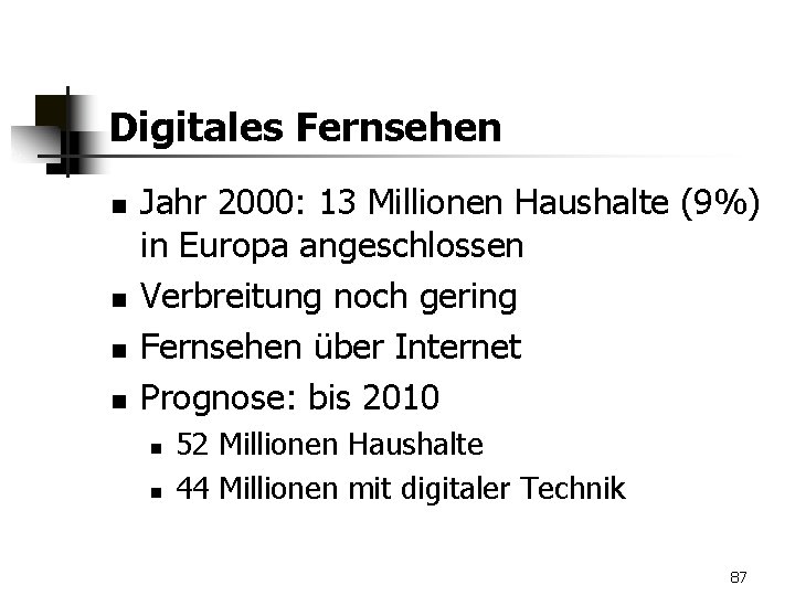 Digitales Fernsehen n n Jahr 2000: 13 Millionen Haushalte (9%) in Europa angeschlossen Verbreitung