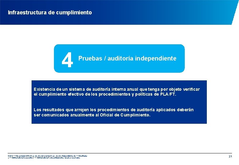 Infraestructura de cumplimiento 4 Pruebas / auditoría independiente Existencia de un sistema de auditoría