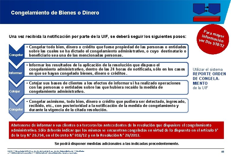 Congelamiento de Bienes o Dinero Una vez recibida la notificación por parte de la