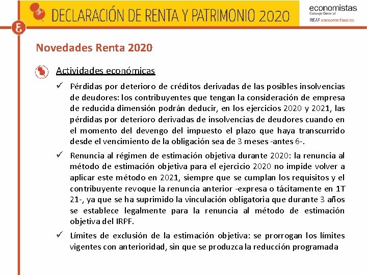 Novedades Renta 2020 Actividades económicas Pérdidas por deterioro de créditos derivadas de las posibles