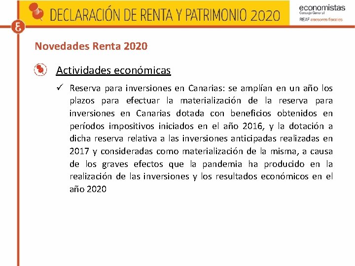 Novedades Renta 2020 Actividades económicas Reserva para inversiones en Canarias: se amplían en un