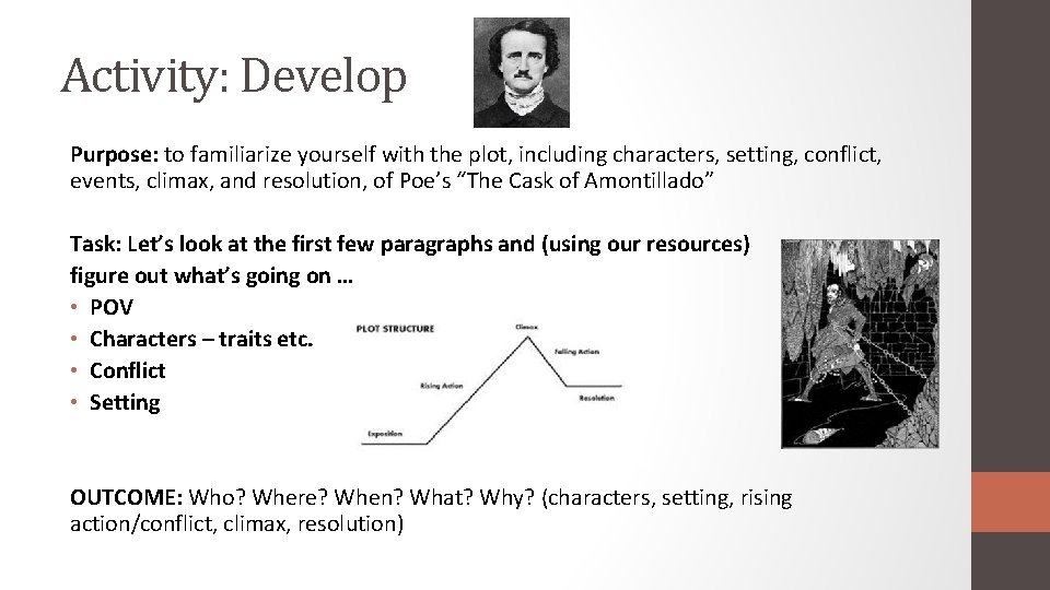 Activity: Develop Purpose: to familiarize yourself with the plot, including characters, setting, conflict, events,