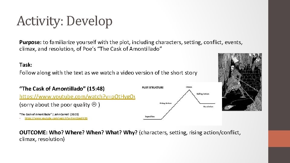 Activity: Develop Purpose: to familiarize yourself with the plot, including characters, setting, conflict, events,