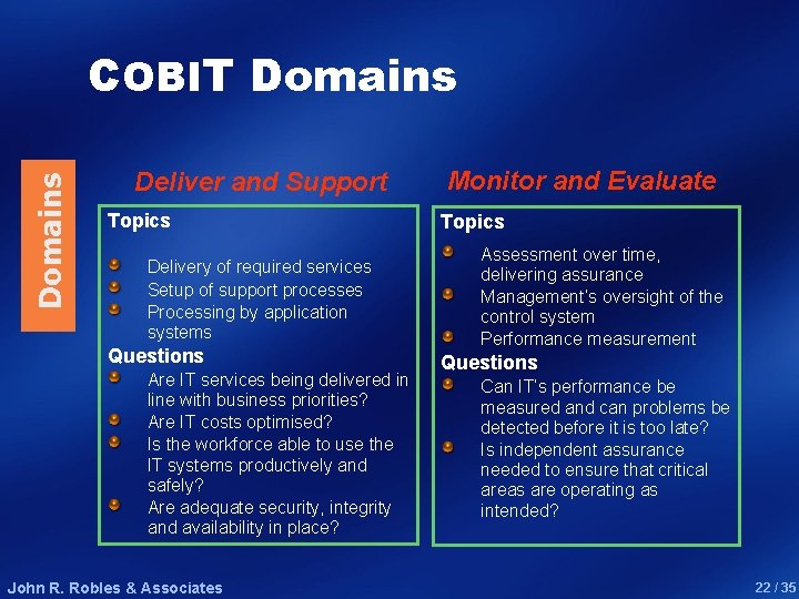Domains COBIT Domains Deliver and Support Topics Delivery of required services Setup of support