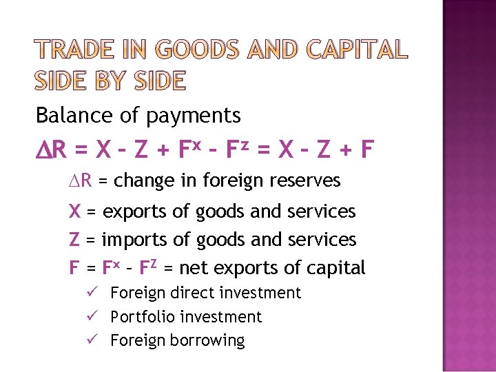 TRADE IN GOODS AND CAPITAL SIDE BY SIDE Balance of payments R = X