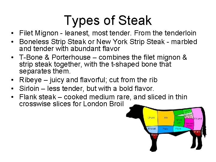 Types of Steak • Filet Mignon - leanest, most tender. From the tenderloin •