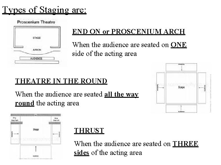 Types of Staging are: END ON or PROSCENIUM ARCH When the audience are seated