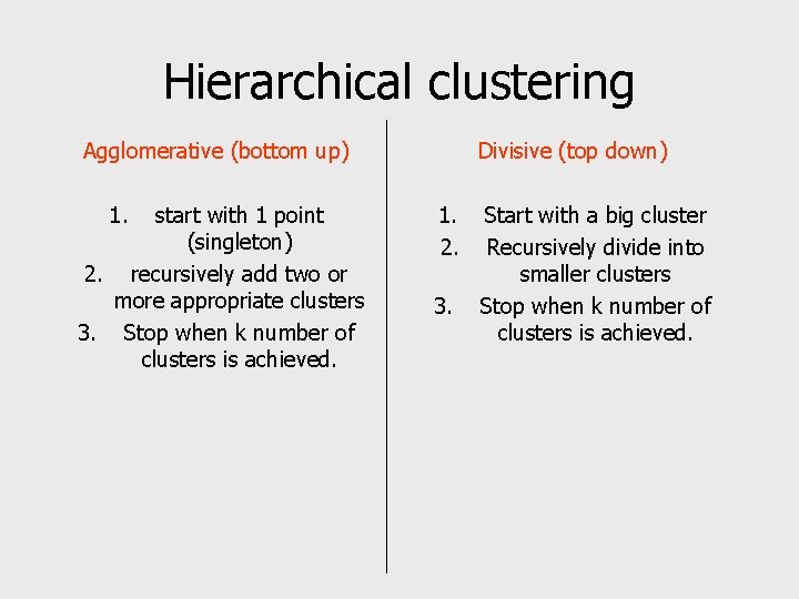 Hierarchical clustering Agglomerative (bottom up) 1. start with 1 point (singleton) 2. recursively add