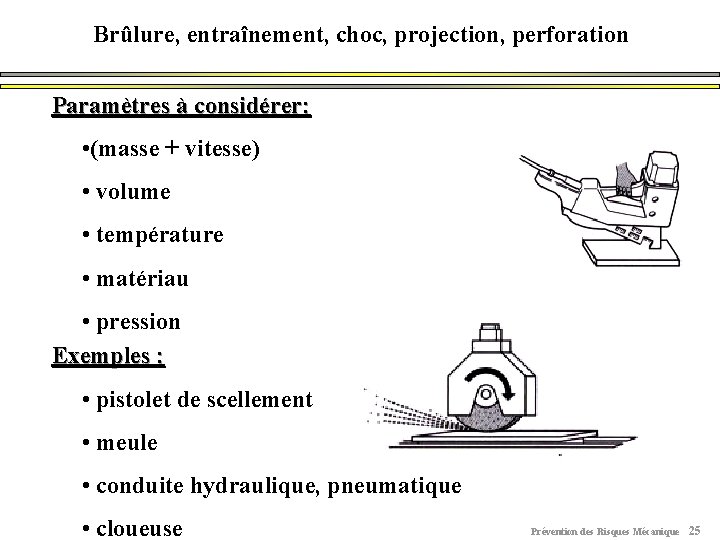 Brûlure, entraînement, choc, projection, perforation Paramètres à considérer: • (masse + vitesse) • volume