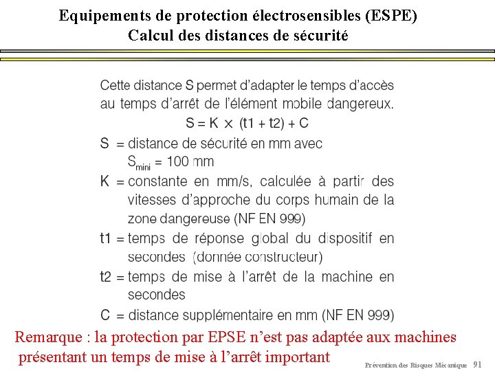 Equipements de protection électrosensibles (ESPE) Calcul des distances de sécurité Remarque : la protection