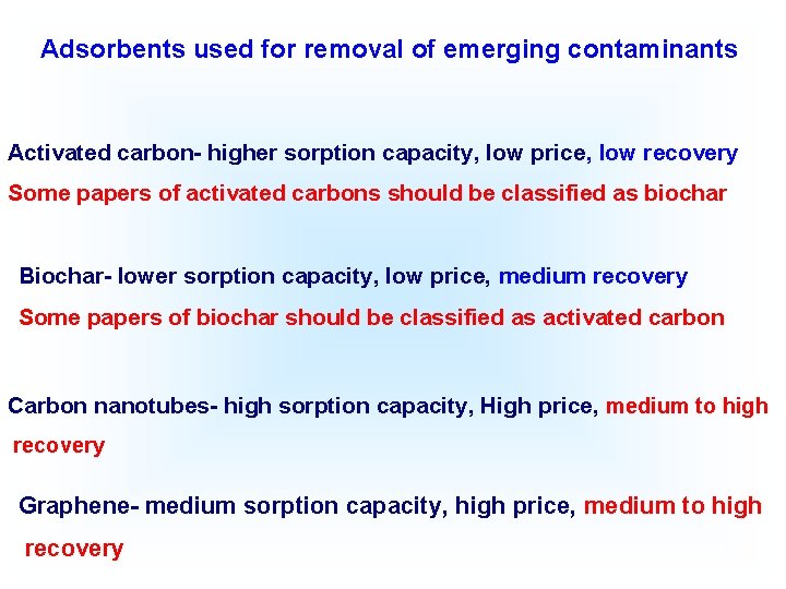 Adsorbents used for removal of emerging contaminants Activated carbon- higher sorption capacity, low price,