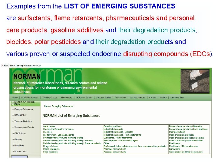Examples from the LIST OF EMERGING SUBSTANCES are surfactants, flame retardants, pharmaceuticals and personal