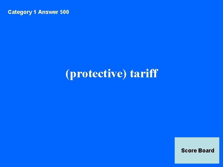 Category 1 Answer 500 (protective) tariff Score Board 