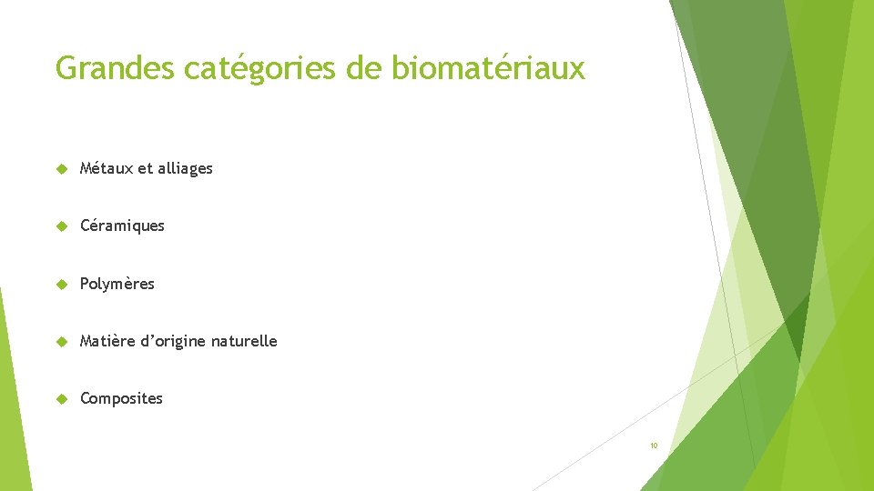 Grandes catégories de biomatériaux Métaux et alliages Céramiques Polymères Matière d’origine naturelle Composites 10