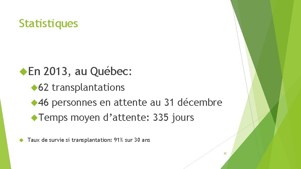 Statistiques En 2013, au Québec: 62 transplantations 46 personnes en attente au 31 décembre