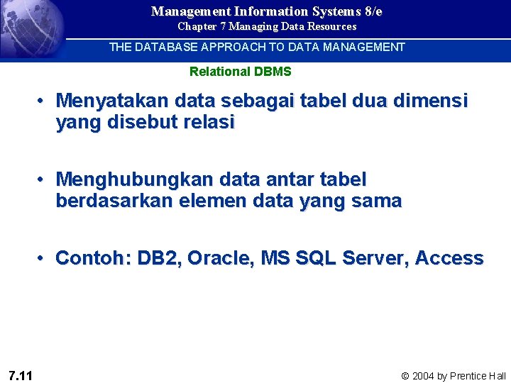 Management Information Systems 8/e Chapter 7 Managing Data Resources THE DATABASE APPROACH TO DATA