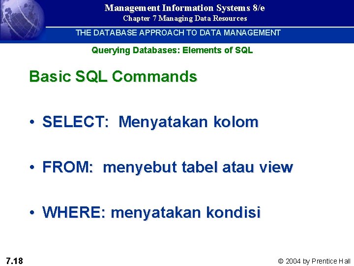 Management Information Systems 8/e Chapter 7 Managing Data Resources THE DATABASE APPROACH TO DATA