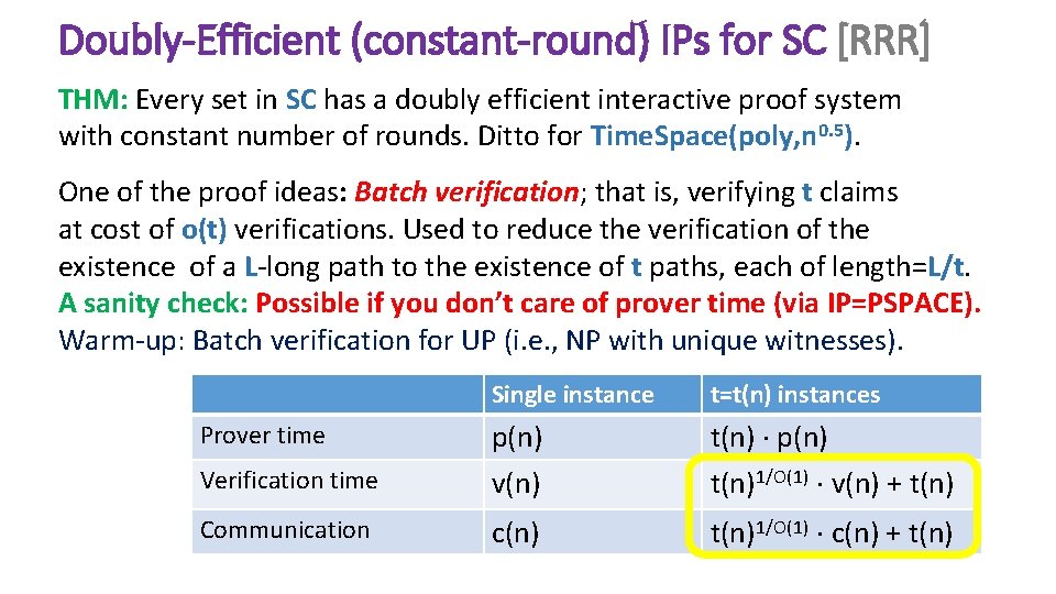 Doubly-Efficient (constant-round) IPs for SC [RRR] THM: Every set in SC has a doubly