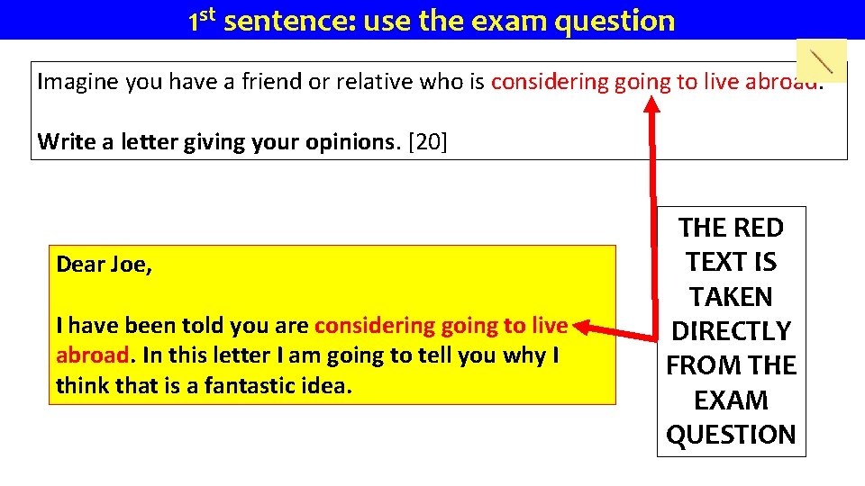 1 st sentence: use the exam question Imagine you have a friend or relative
