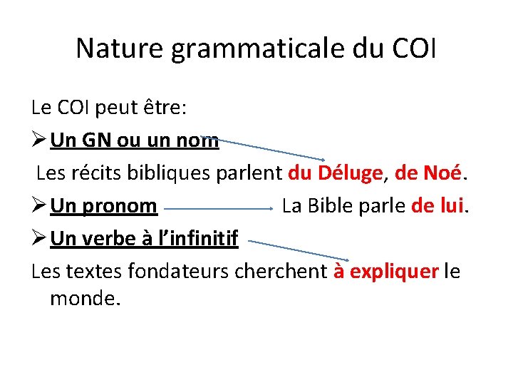 Nature grammaticale du COI Le COI peut être: Ø Un GN ou un nom
