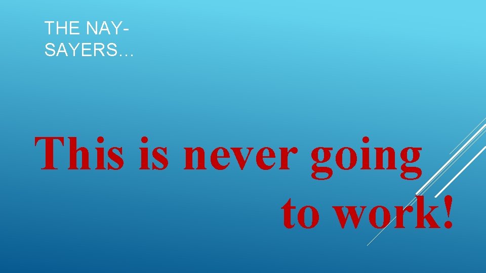 THE NAYSAYERS… This is never going to work! THE NAYSAYERS… This is never going to work!