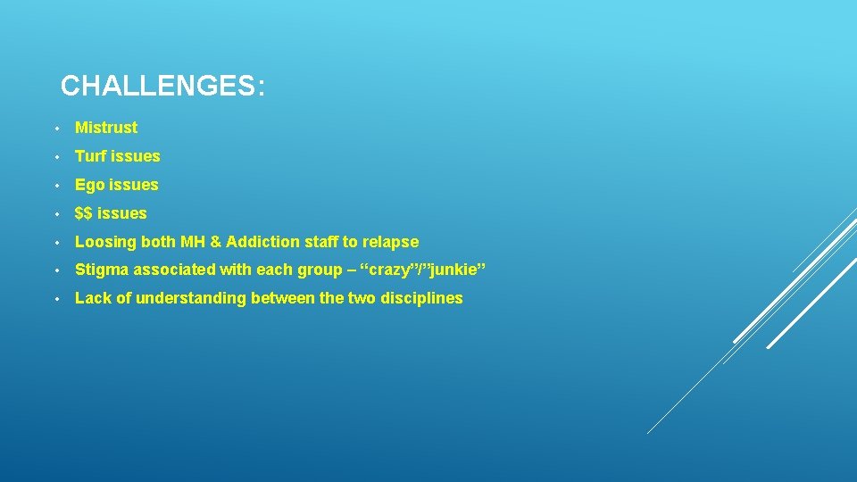 CHALLENGES: • Mistrust • Turf issues • Ego issues • $$ issues • Loosing CHALLENGES: • Mistrust • Turf issues • Ego issues • $$ issues • Loosing